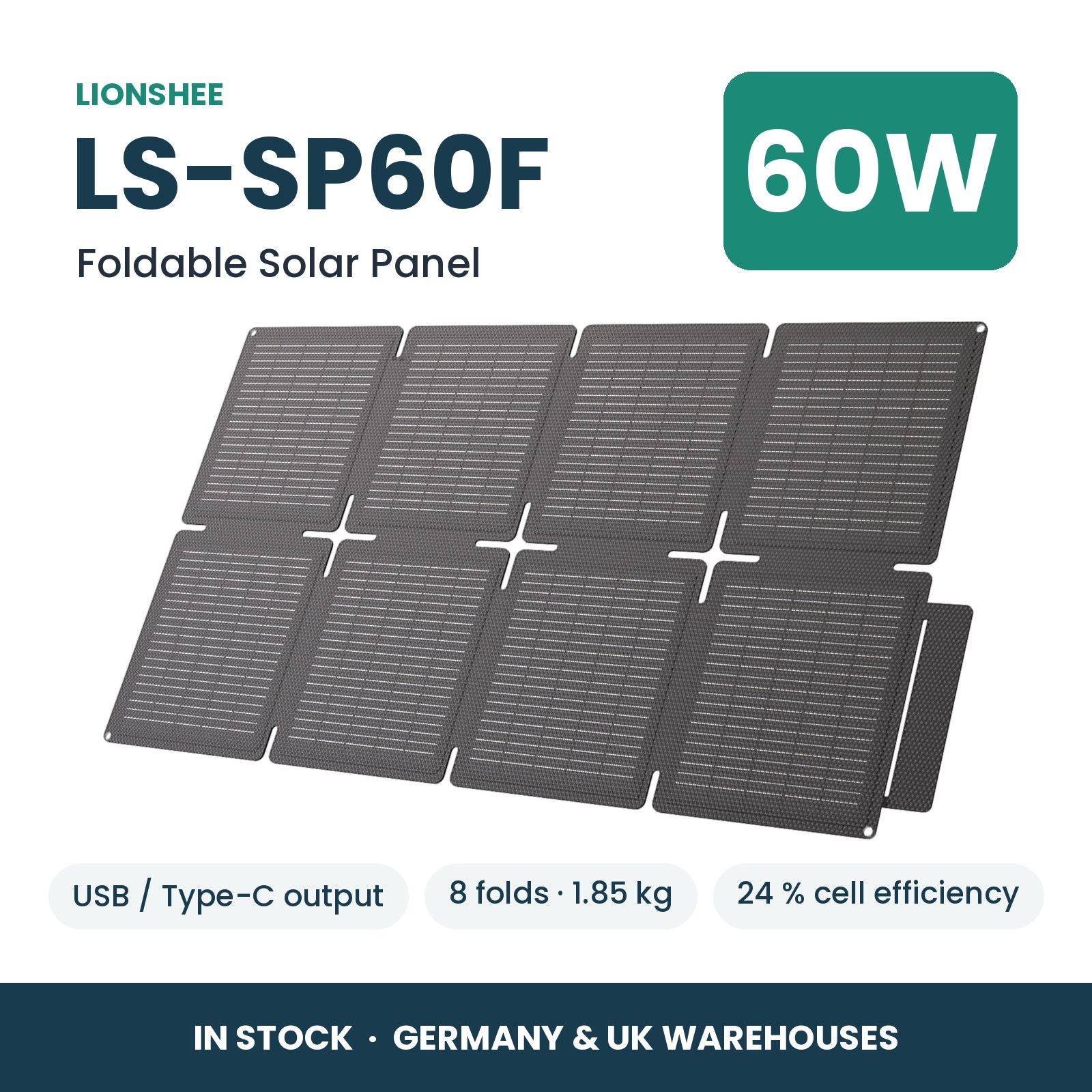 LIONSHEE LS-SP60F Składany Panel Słoneczny 60W Z USB I Type-C, ETFE, Magazyn Niemcy I Wielka Brytania